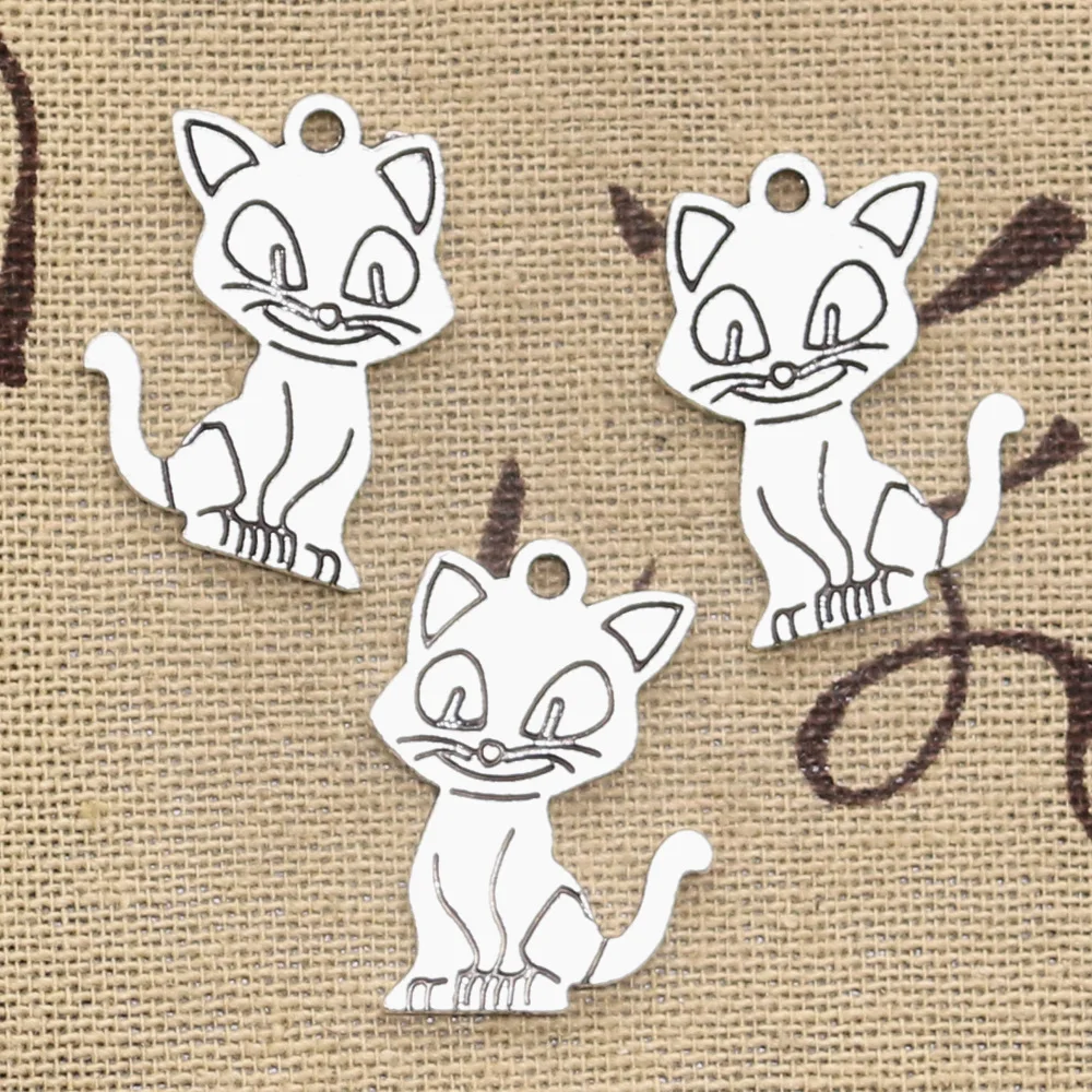 15pcs Charms Double Sided Cat 24x19mm Antique Silver Color Pendants DIY Crafts Making Findings Handmade Tibetan Jewelry