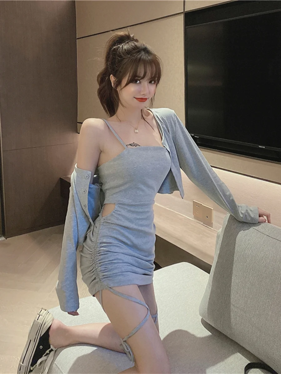 Early Autumn Drawstring Wrap Waist Short Dress Women's Outerwear Two-Piece Set High Waist A-Line Skirt Long Sleeve One-Piece