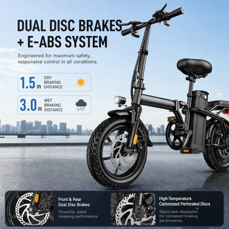 Folding Electric Bike 400W Motor Carbon Alloy Frame 20% Extended Range 9-Level Shock Absorption Dual Disc Brakes Explosion-Proof Vacuum Tire 3 Riding Modes Removable Battery for Adults image 3