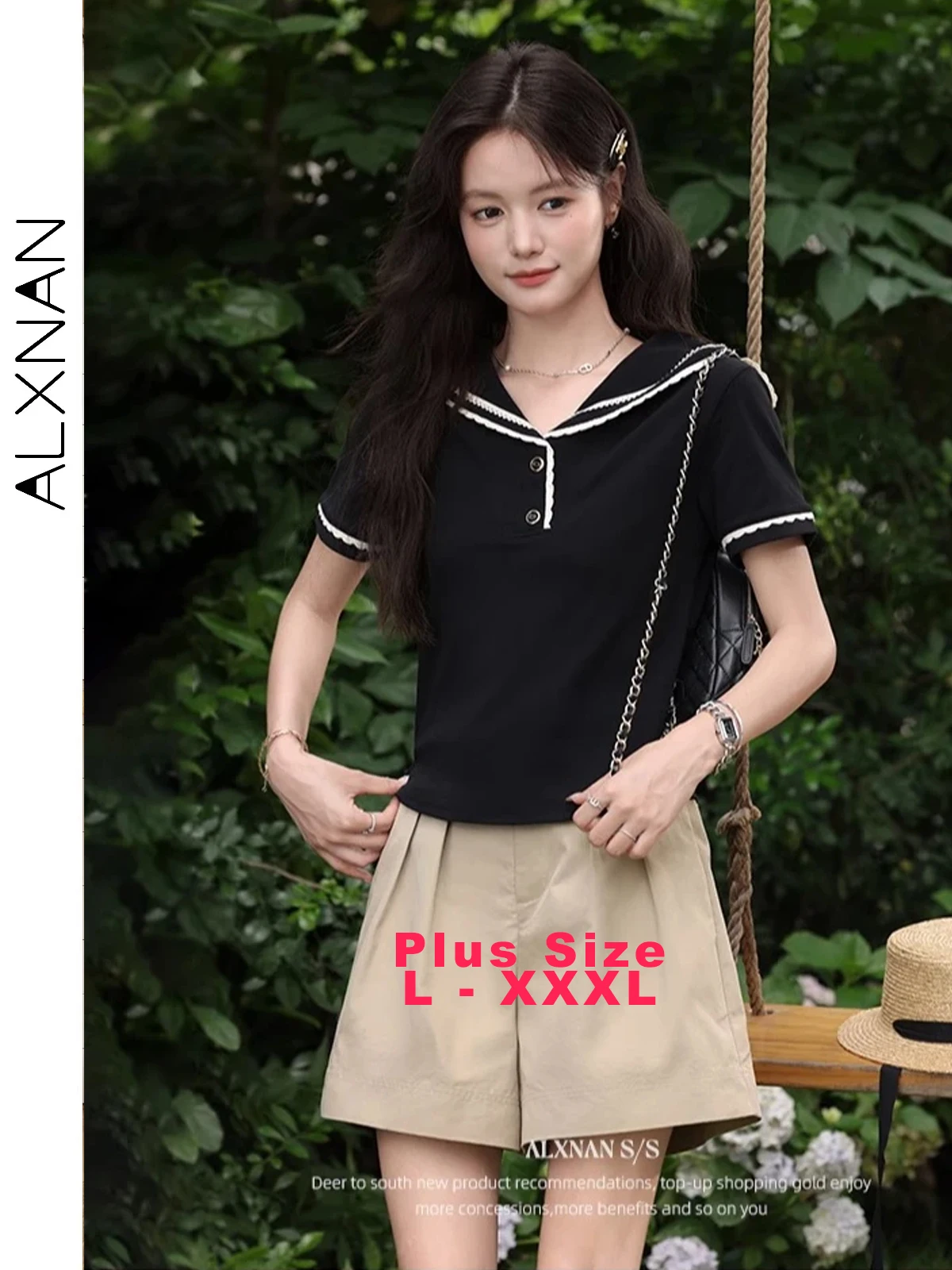 

ALXNAN Plus Size Women's Black T-shirt Navy Collar Casual Loose-fit Short Sleeve T-shirt Summer Elegant Cotton Top Ladies D11269