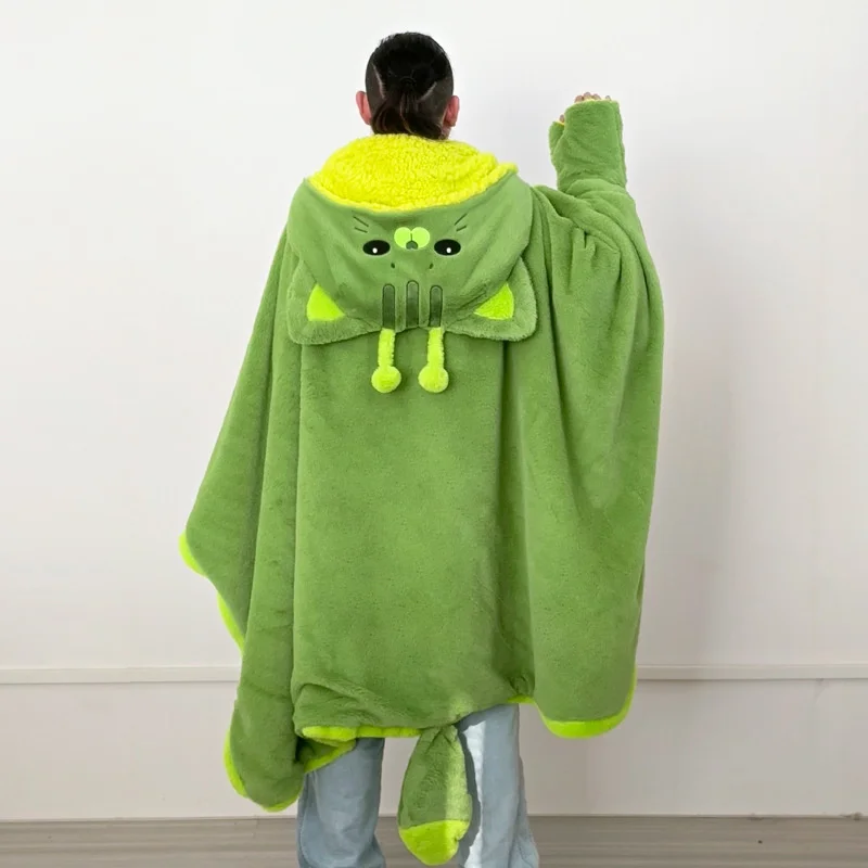 Cartoon Cute Alien Cat Hooded Blanket Plush Cloak For Winter Green Flannel Wearable Robe With Gloves Home Office Nap Girls Gifts - view 4