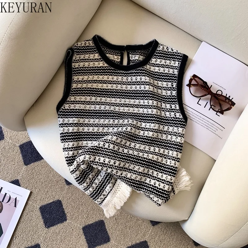 

Полосатые вязаные жилеты с кисточками, женские летние винтажные стильные шикарные пуловеры без рукавов с круглым вырезом, трикотажные майки, топы