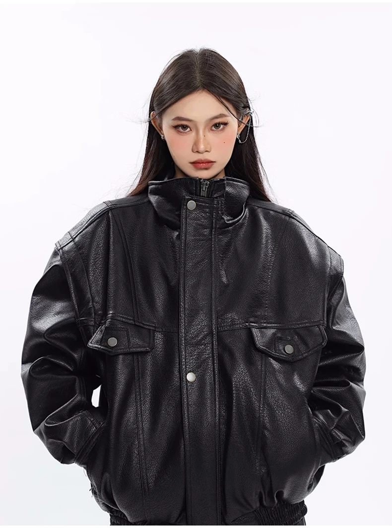 Nerazzurri Spring Autumn Oversized Cool Windproof Thick Black Pu Leather Jacket Women Zip Up Luxury Designer Unisex Clothes 2023