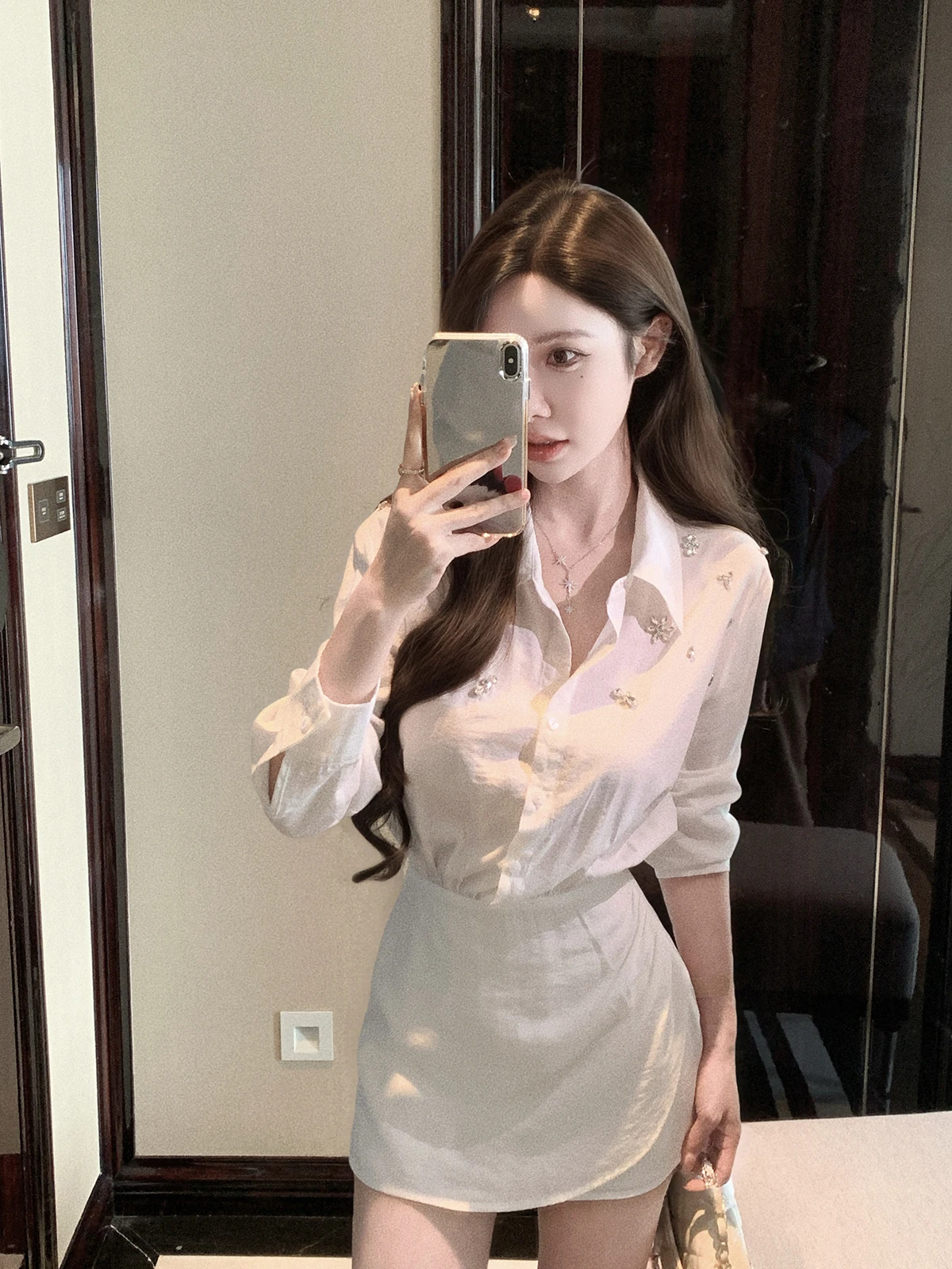 

Ele White Diamond Embellied Waist-Cinching Dr Women's Faion Autumn 2025 JustQin Flowing Sle A-Line Skirt