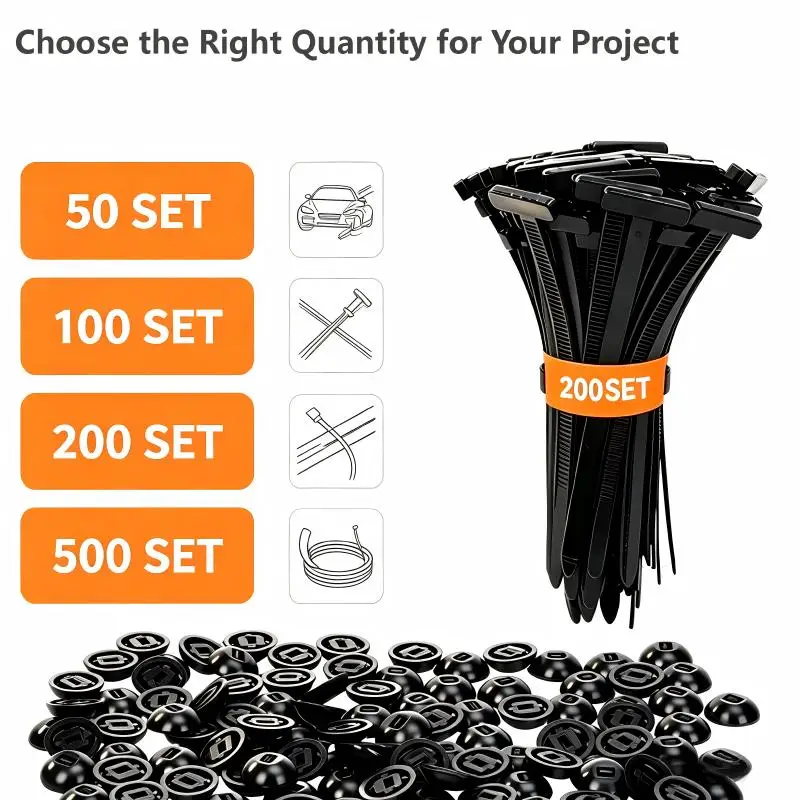 UV Resistant T-Handle Cable Tie Buckle Disposable Plastic Fastener Clips Multiple Quantity Sets Auto Car Wire Harness Fixing