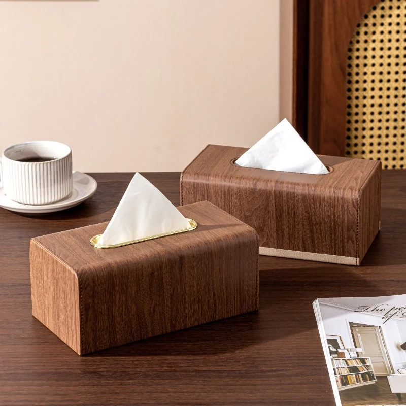 Walnut Wood Grain Tissue Box - Luxury Living Room Leather Tissue Holder, Creative Home Coffee Table Napkin Container