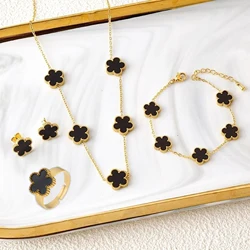 4Pcs 18k Gold-Plated Five-Leaf Flower Necklace Earrings Bracelet Rings Jewelry Set For Woman Party Jewelry Daily Wear Clover