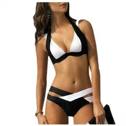 Spliced V-neck Split Body Women's Swimsuit Sexy Hollow Out Micro Bikini Oversized Swimwear Brazilian Bikini Large Size Swimsuit