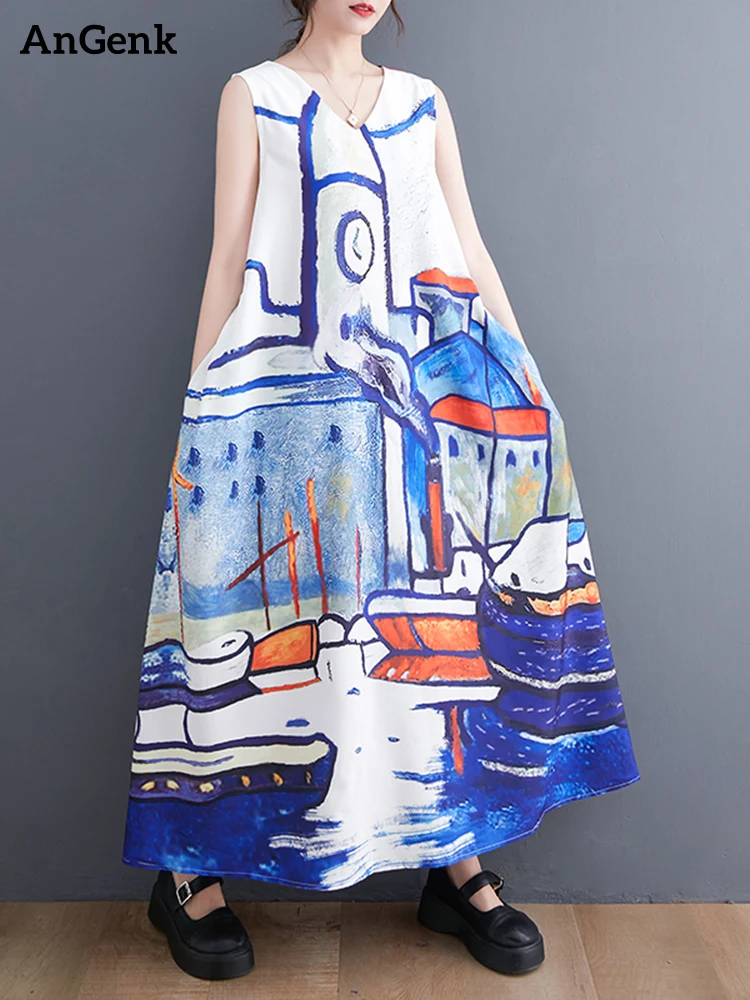 

Sleeveless Pattern Print Dresses For Women New V-Neck Loose Casual Vintage Long Dress Fashion Elegant Clothes Spring Summer 2023