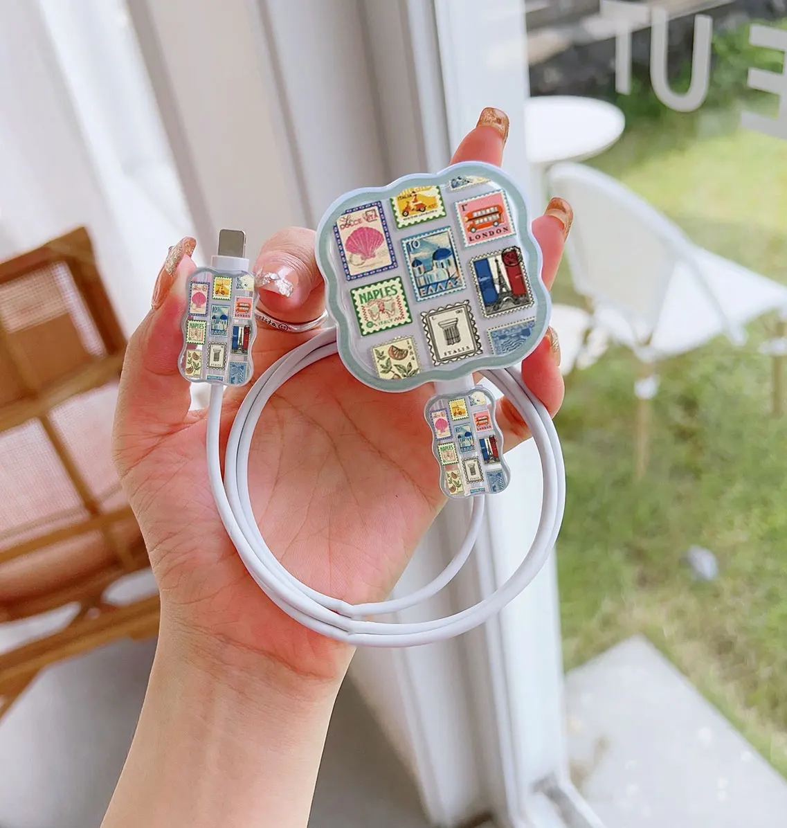 3-Piece Set Wave Postage Stamps Cable Protector for iPhone 20W UK HK Plug Charger Case Phone Wire Cord Organizers