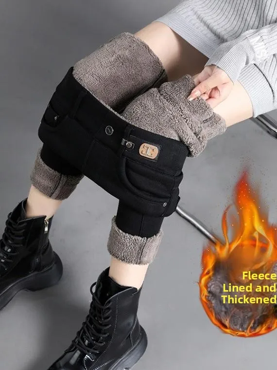 

Black Fleece Lined Thickened Magic Pants Women's High Waist Long Trousers Autumn Winter New Style Barbi Slim Fit Base Layer P...