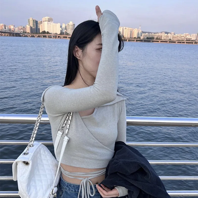 

Notyourrose H26 Summer Simple Pure Color Versatile Shoulder Bared Tie Short Knitted Long Sleeve T Shirt Korean Style Slim Fit