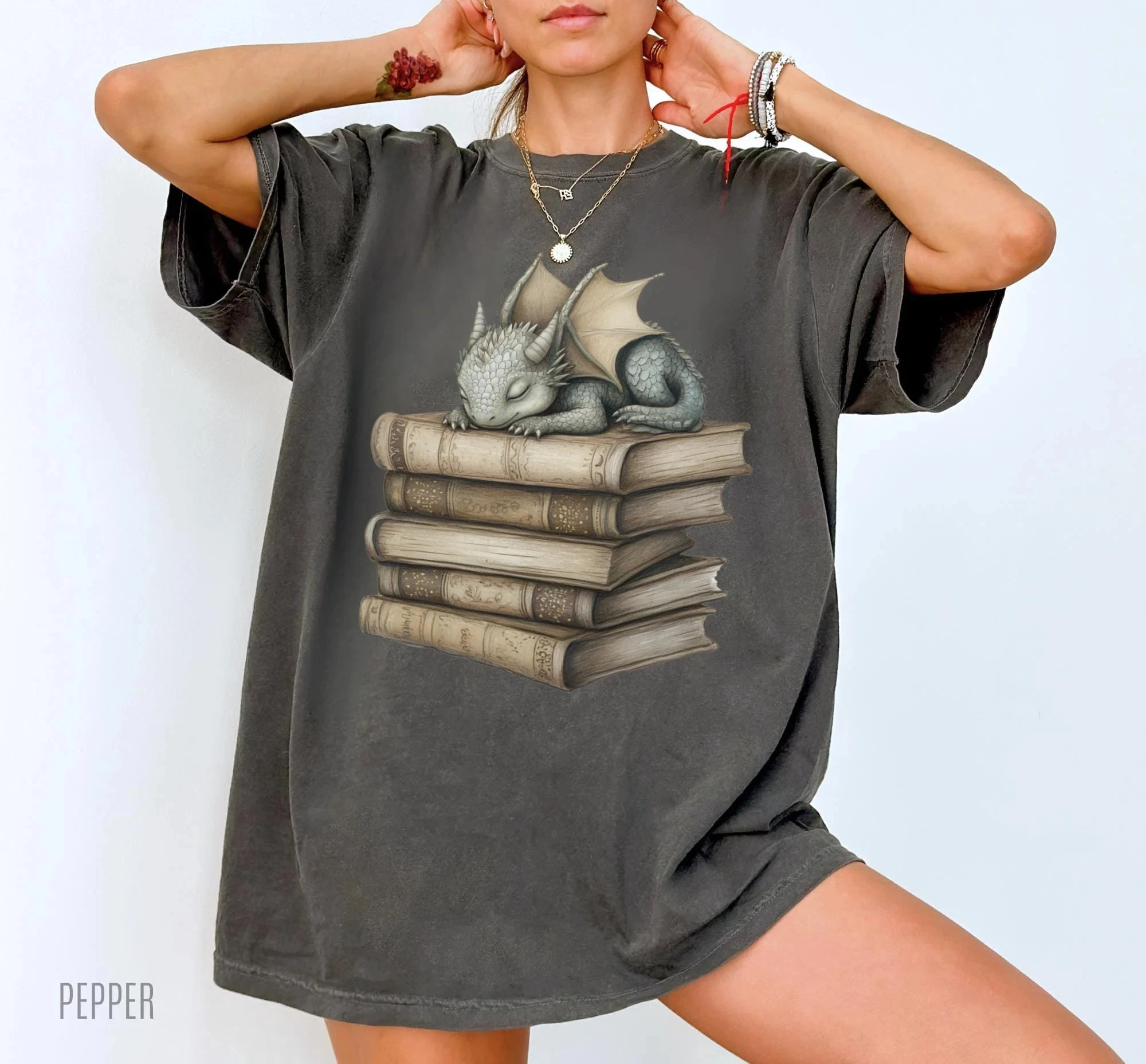 

Plus Size Summer Women's Vintage Fantasy Dragon Book T-Shirt Cotton Breathable Stylish Versatile Street Style Oversized