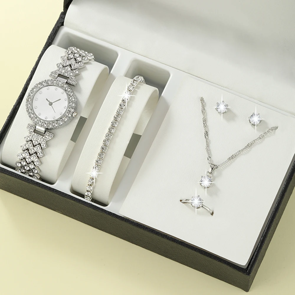 6pcs Women's Watch Fashion Casual WOMEN'S Quartz Watch and Bracelet Necklace Ring Earrings Accessory Set