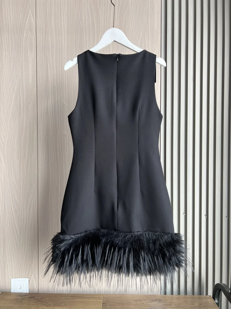 ETJ Fall/Winter 2025 New Women\'s Fashion sexy dress with feather embellished crew neck sleeveless sundress 4772227