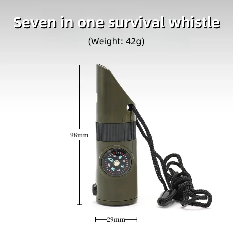 Jungle Survival Whistle with Compass Mirror Flashlight Magnifier LED Light Thermometer Storage Hiking Tool