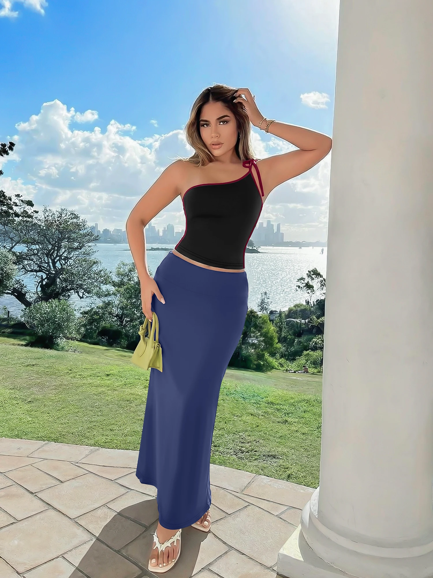 

Women Elegant Party Wear One Shoulder Crop Top & Maxi Skirt Set High Waist Fashion Streetwear Matching Two Piece Outfits