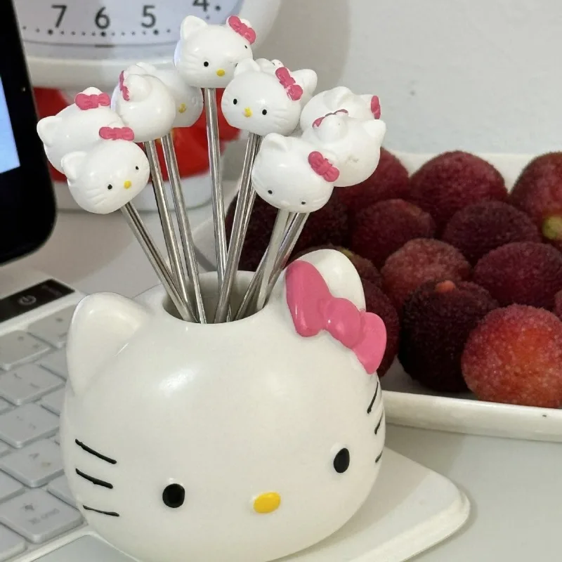 Linda Tenedor de Frutas Personalizada de Hello Kitty, Palillo de Frutas de Acero Inoxidable, Caja de Almacenamiento Compacta y Segura para Uso Doméstico, Lindo Tenedor de Frutas