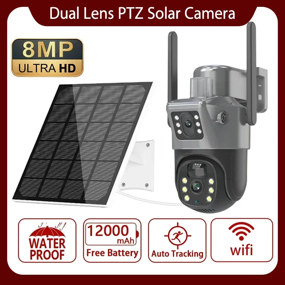 4K 8MP 4G Dual Lens PTZ Solar Camera Dual Screens PIR Human Tracking Outdoor WIFI Security CCTV Surveillance IP Camera