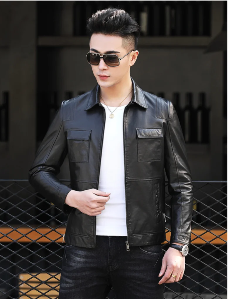 First Layer Goat Skin Genuine Leather Clothes Mens Slim Fit Handsome Trendy Biker Jacket Coat