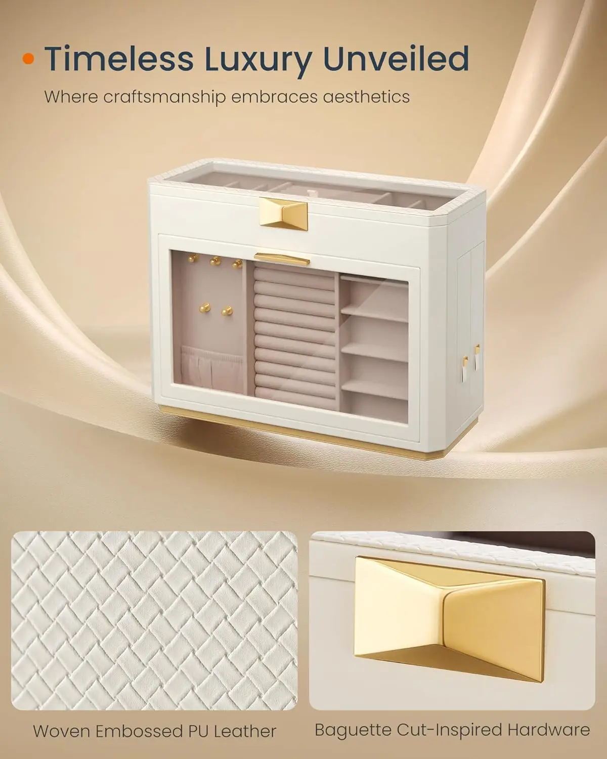 Large Jewelry Organizer with Glass Windows, 4 Drawers, PU Leather, Velvet Lining, Gift Box in Cloud White