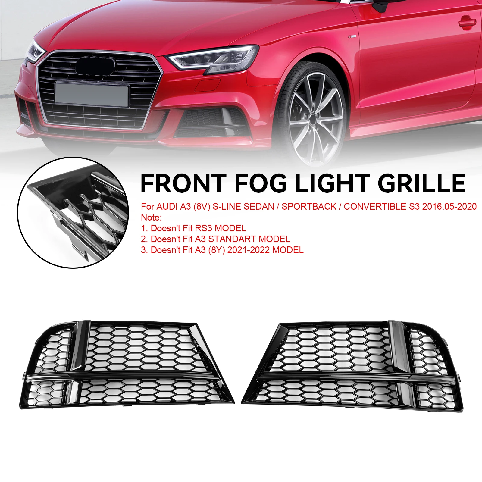 Artudatech Front Fog Light Cover Bezel Grill Grille For AUDI A3 8V S-LINE 2017-2019