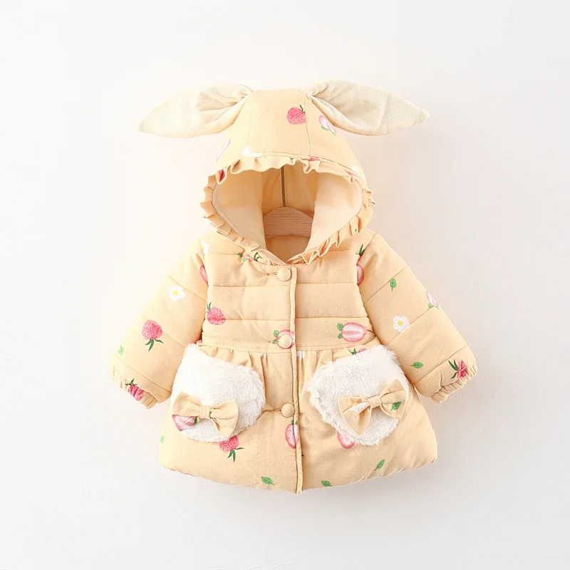 Girls\' Winter New Coat Rabbit Ears Strawberry Printed Long Sleeve Children\'s Cotton Jacket