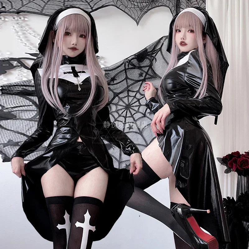 Sexy Nun Cosplay Easter Dress Cross Gothic Headscarf Shorts Vestidos Y2k Temptation Nightclub Bar Halloween Costumes for Women