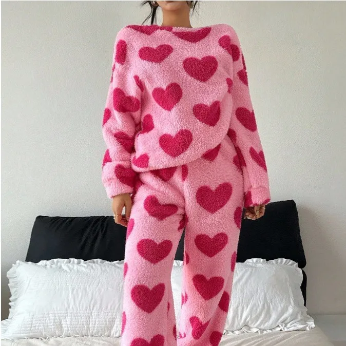Hot Pink Pajamas Suit Print Sleepwear Warm Coral Fleece Top Pants 2Pcs Loungewear Autumn Winter Warm Home Clothes Outfit
