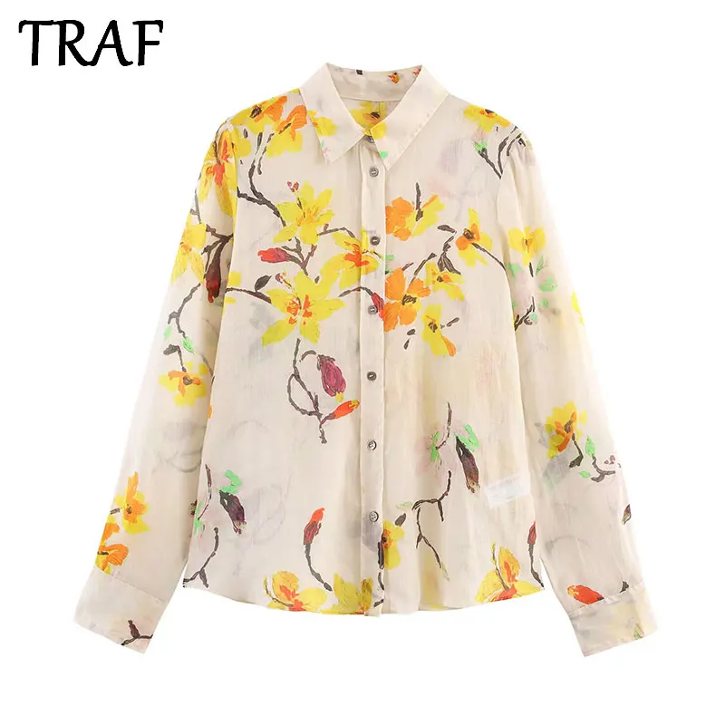 

TRAF Autumn 2025 Women's Long Sve Linen Flower irt Versatile Quali Original Design Loose Fit Breathable Polyester Fiber