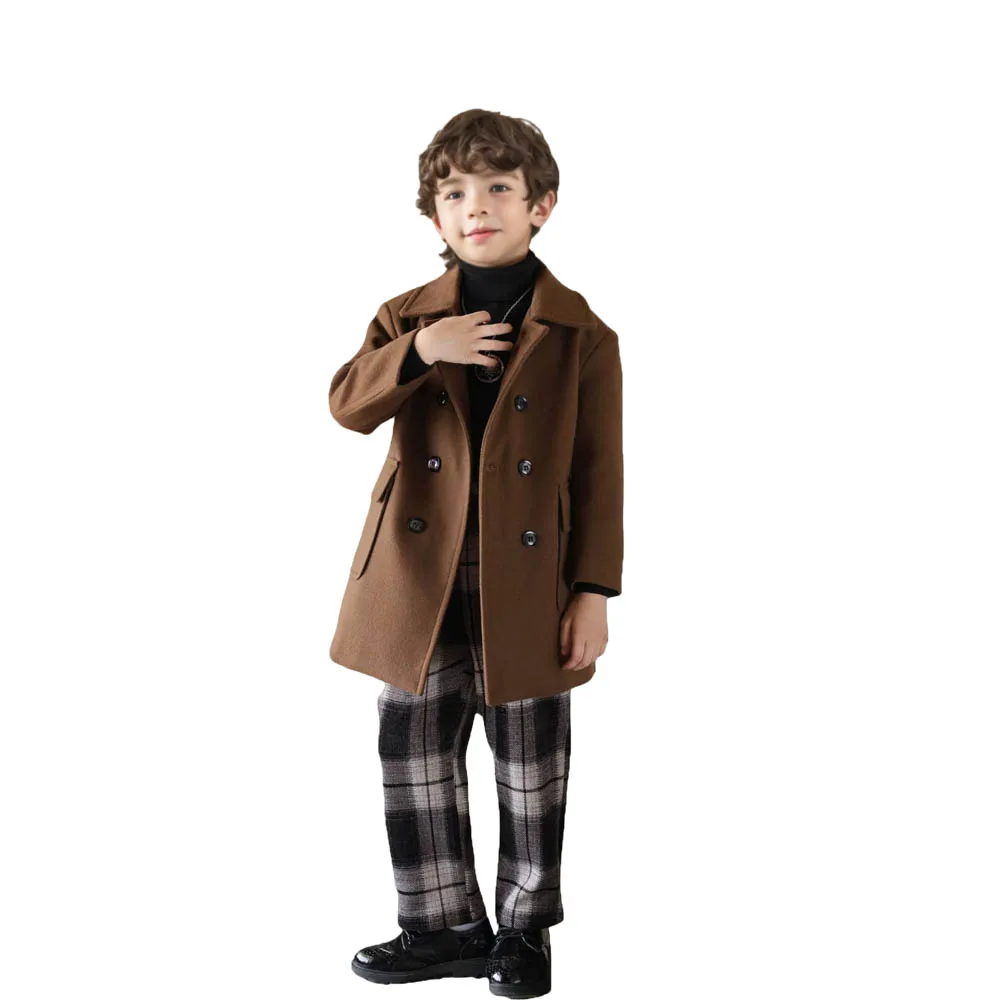 

Kids Windproof Outdoor Long Jacket Children Photography Woolen Coat 3-15Y Teenager Boys Formal Coffee Black Winter Wool Coat