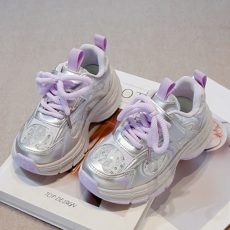 

Girls Running Shoes Lace Sequin Students Sneakers Hook&loop 2025 New Kids Sports Shoes Princess Style Ins Trendy Non-slip Soft