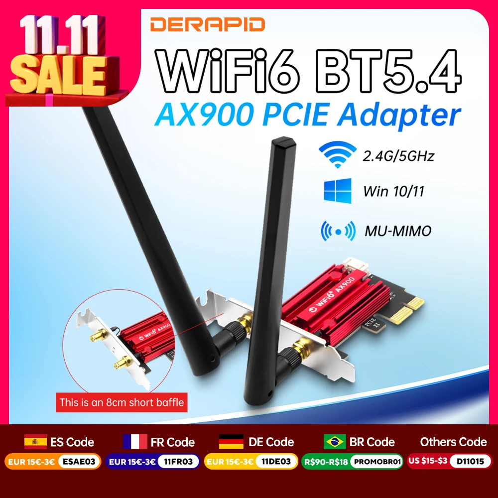 

Двухдиапазонный беспроводной адаптер Fenvi WiFi 6 AX900 Bluetooth 5,4 PCI-Express, сетевая карта с низким задержкой 8 см для настольных ПК, Windows 10/11