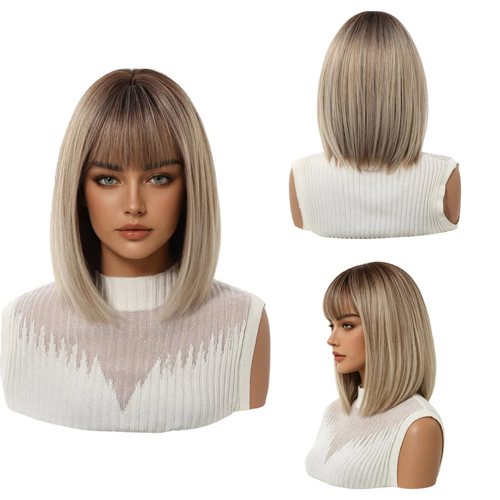 Balayage Ash Blonde Bob Wig For Women With Bangs Dark Brown Roots Ombre Short Straight Synthetic Full Wig Daily Party Cosplay