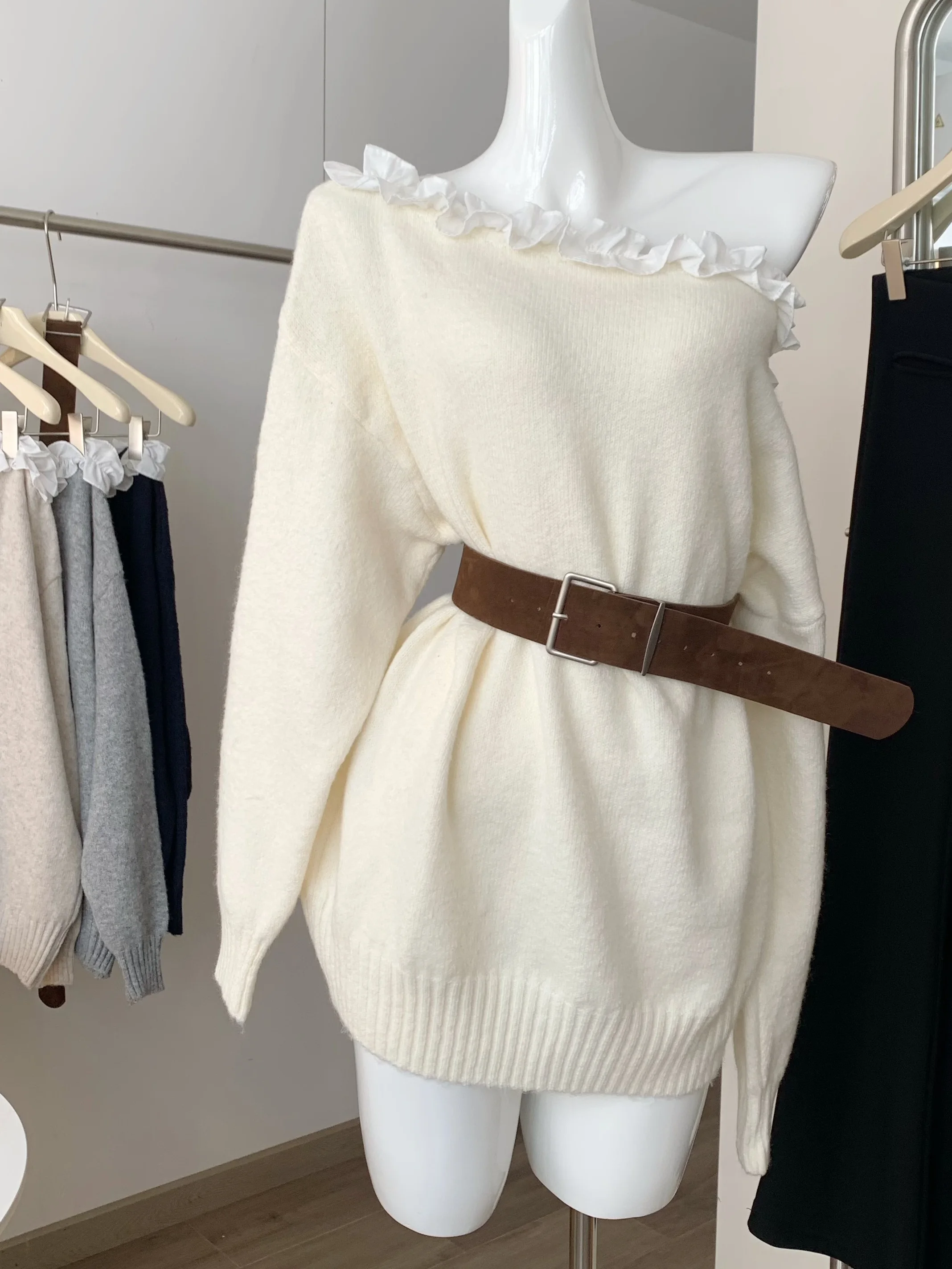 

Off-oulder Ruffle Splice Belted Knitted Sweater Women's Autumn Winter Loose Slimming Soft Long Sve Top Trendy Pure Color