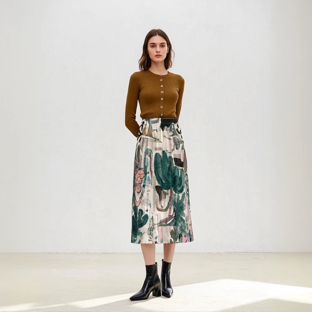 

Miyake Pleated Skirt 2025 Spring and Summer New Fashion Print Loose Plus Size Women's Mid To Long Casual Slit Pleated Skirt