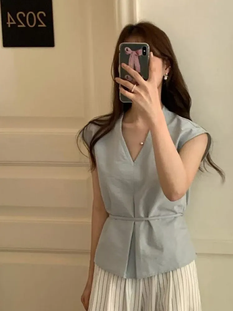 

Ele V-ne Slimming irt Women's Korean Sle Vintage Belted Waist-cinching Top Summer New Faion Breathable Casual Blouse
