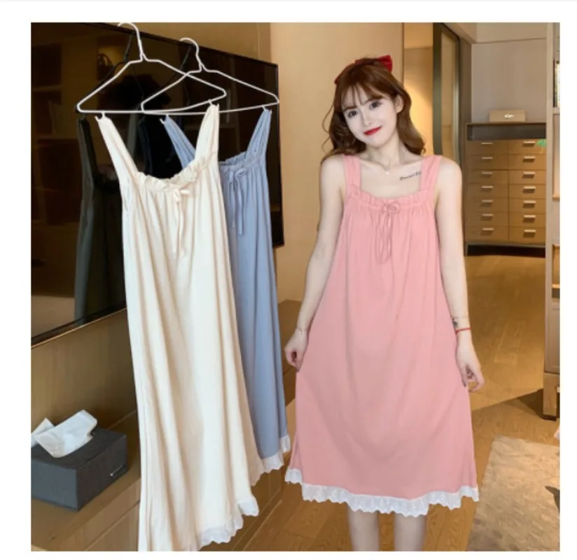 Damen Sommer-Nachthemd Neues Spitzen-Trägerkleid Knielang Mädchen Hauskleidung Studentinnenkleid Auch für Draußen Tragbares Lässiges Damen-Hauskleid