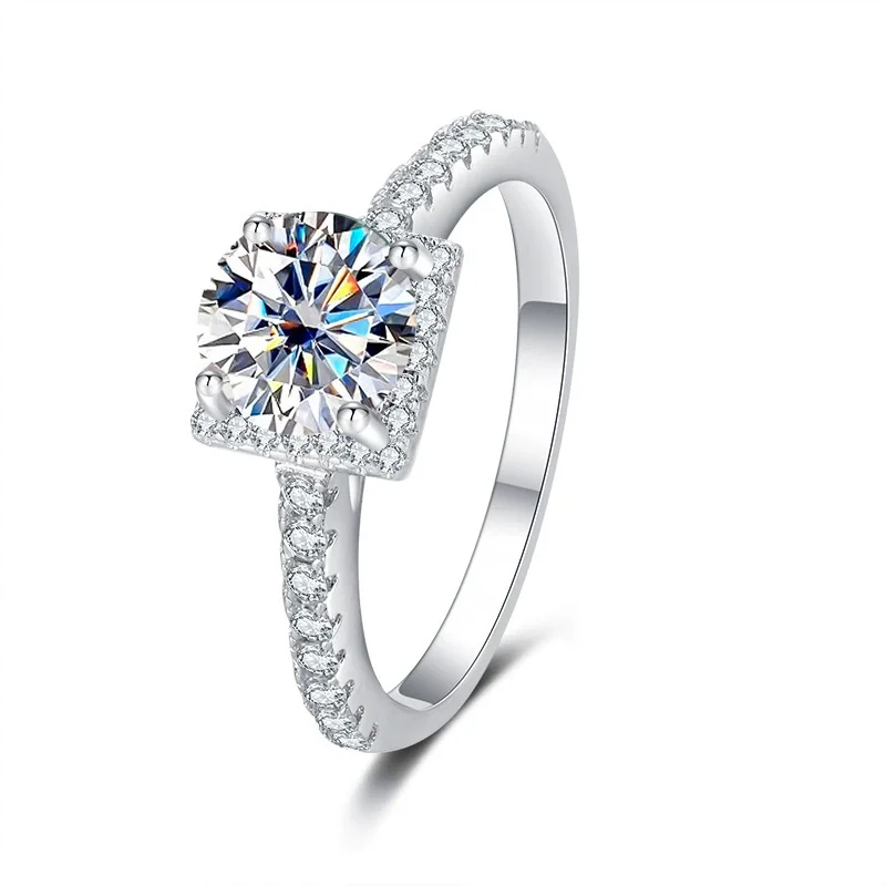 ZFSILVER  Fine 925 Silver Fashion Trend Luxury 1ct Moissanite Design Round Square Ring For Charm Women Party Jewelry Gift QCJ100