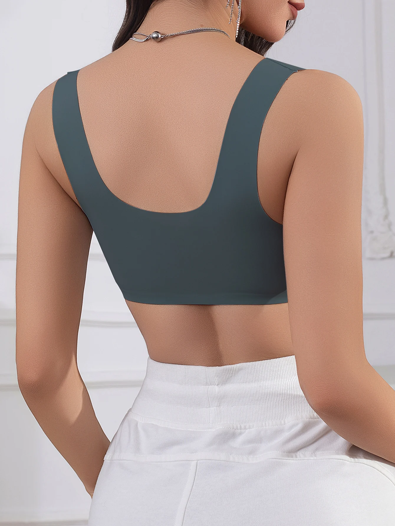 Women's Front Closure Bra Top, Shell Trim Wide Strap Camisole, Wirefree Non-removable Pads Basic Vest, Solid Crop Top