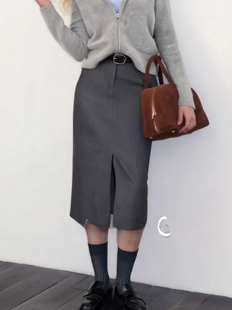 

Zhuo Chi Grey Ash Split Suit Skirt Mid-Length Women's Elegant High Waist A-Line Midi Skirt French Style Non-Shrinkage