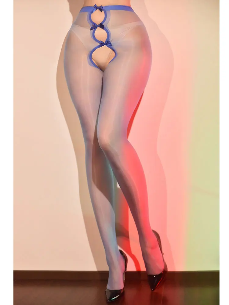 مثير النفط لامعة لامعة جوارب طويلة Bowknot الجوف خارج الجوارب الغريبة مفتوحة المنشعب المرأة جاذبية خمر جوارب طويلة ملابس النوم المشكل