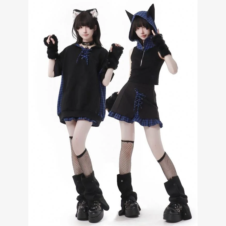 

Комплект в стиле Y2K с клетчатыми вставками, облегающий, летний, модный, в культовом стиле, для студентов и работы