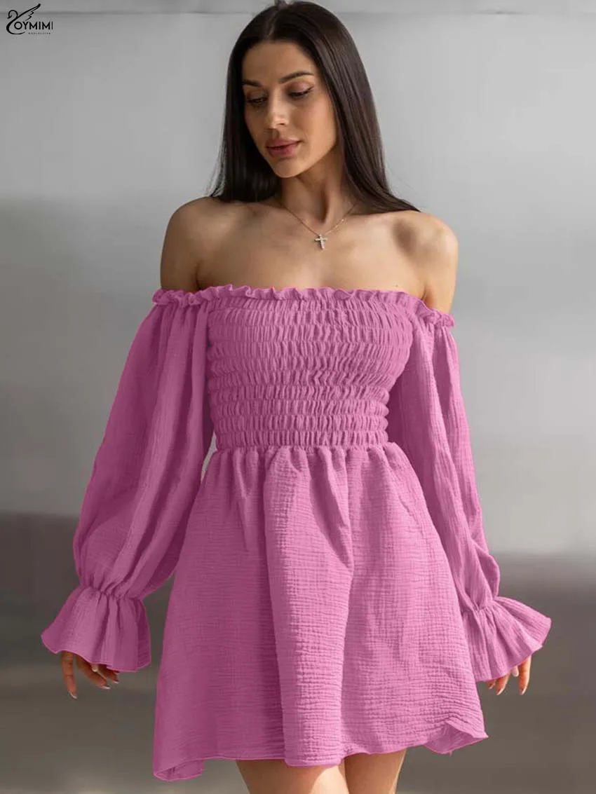 

Oymimi Casual Pink Cotton Womens Dresses Fashion Strapless Off The Shoulder Long Sleeve Dress Autumn High Waist Loose Mini Dress