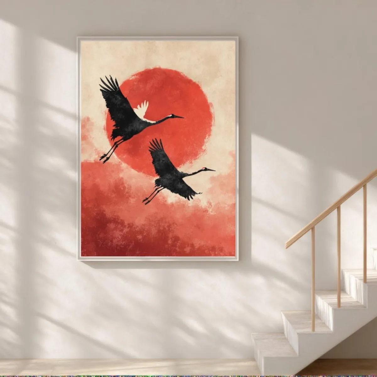 Japanese Red Sun Crane Canvas Print Poster Japandi Retro Animal Aesthetics Art Prints Living Room Zen Wall Art Home Decor Gifts