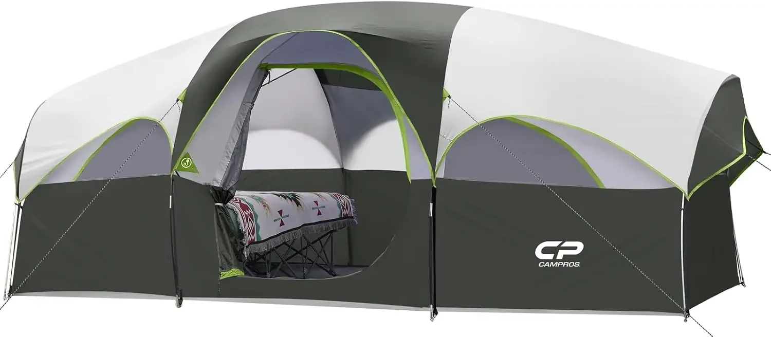 8 Person Camping Tent, Room Divider, Rainfly, Weather Resistant | Family tent with 5 large mesh windows, double-layer design