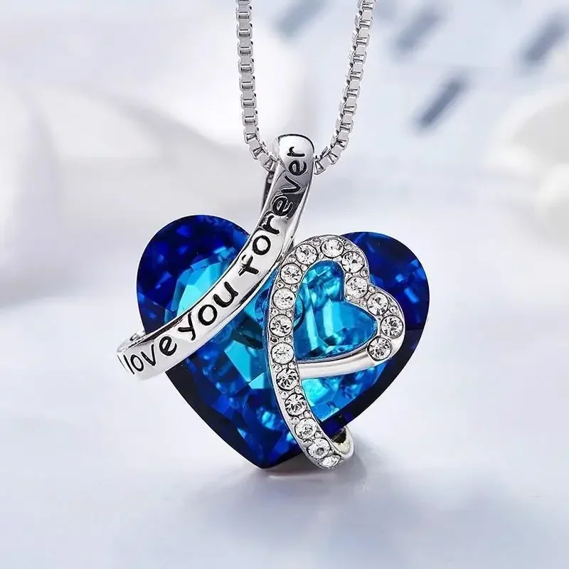 25PCS Minimalist Titanic Ocean Heart Necklace Blue Crystal Love Eternal Pendant Women's Wedding Party Jewelry