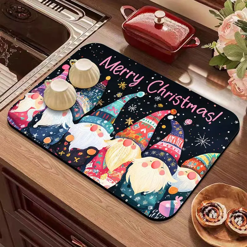 Christmas Gnome Dish Rack Mat Merry Christmas Gnome Print Absorbent Quick-Dry Non-Slip Kitchen Christmas Home Decor Mat