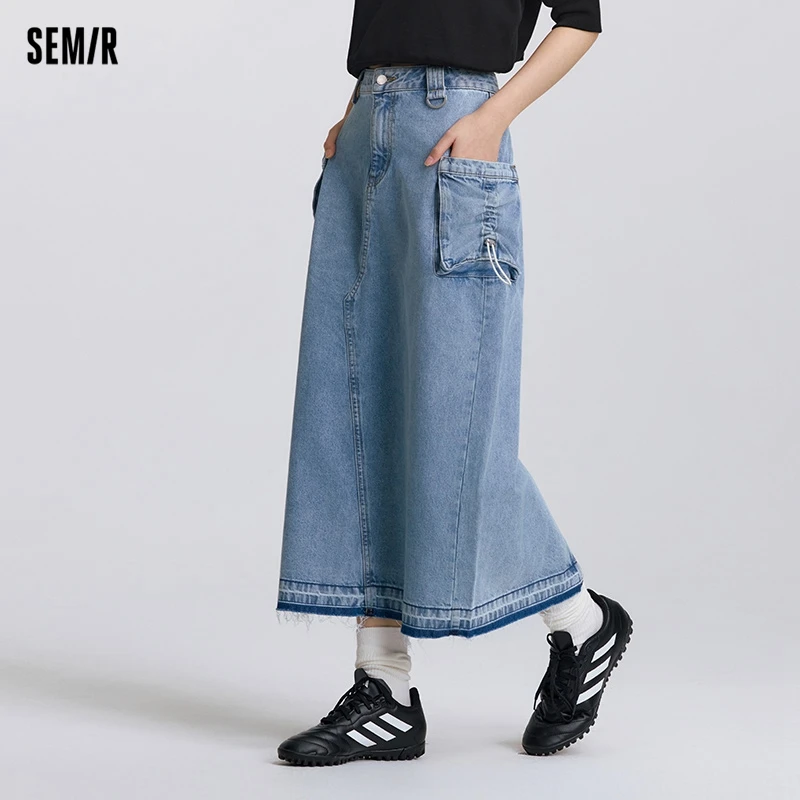 Semir Denim Rok Vrouwen 2025, Nieuwe Lente Omzoomd Lange Rok Werkkleding Stijl Trekkoord Spleet Rechte Buis Rok Vintage