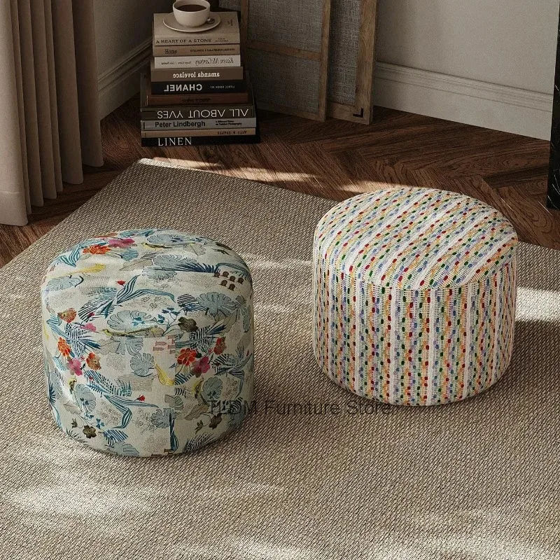 Vintage Printed Linen Round Floor Pouf High Elastic Sponge Upholstered Ottoman Stool For Living Room Bedroom Sofa Side Decor
